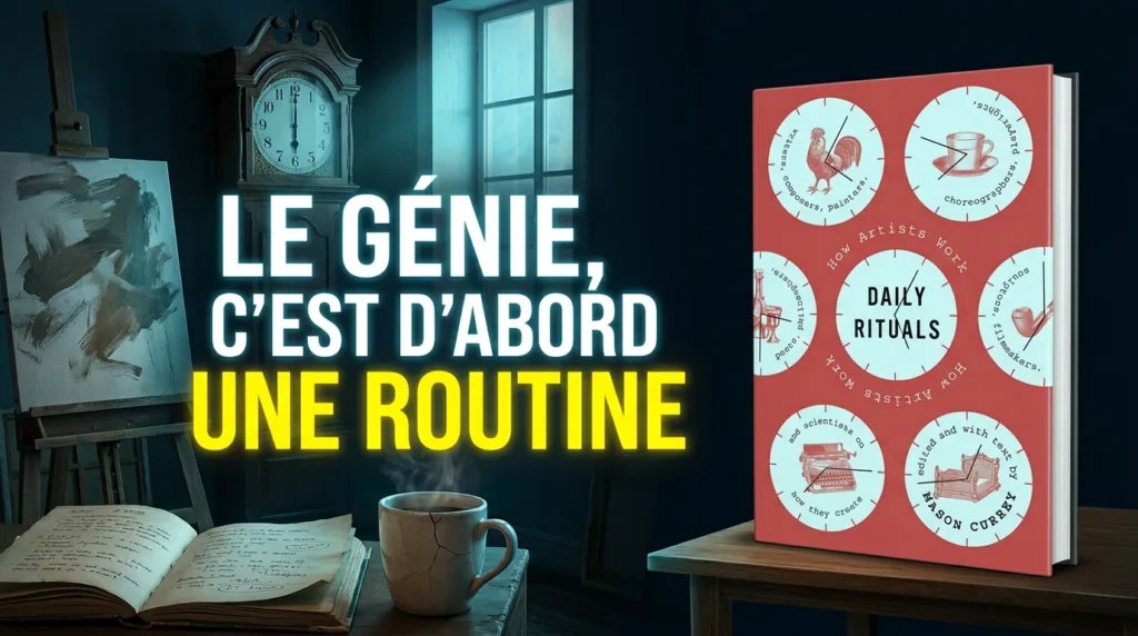 Couverture du livre Daily Rituals: How Artists Work de Mason Currey, avec un atelier d'artiste à l'aube, chevalet, carnet et tasse de café