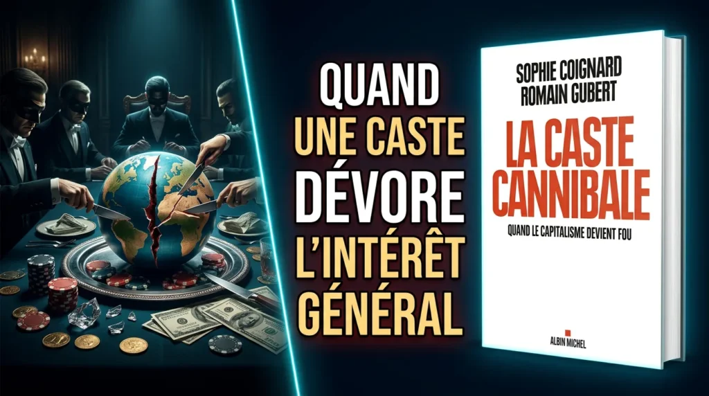Couverture du livre La Caste cannibale de Sophie Coignard et Romain Gubert, avec des hommes en costume découpant un globe terrestre lors d'un banquet entouré de jetons de casino et de billets