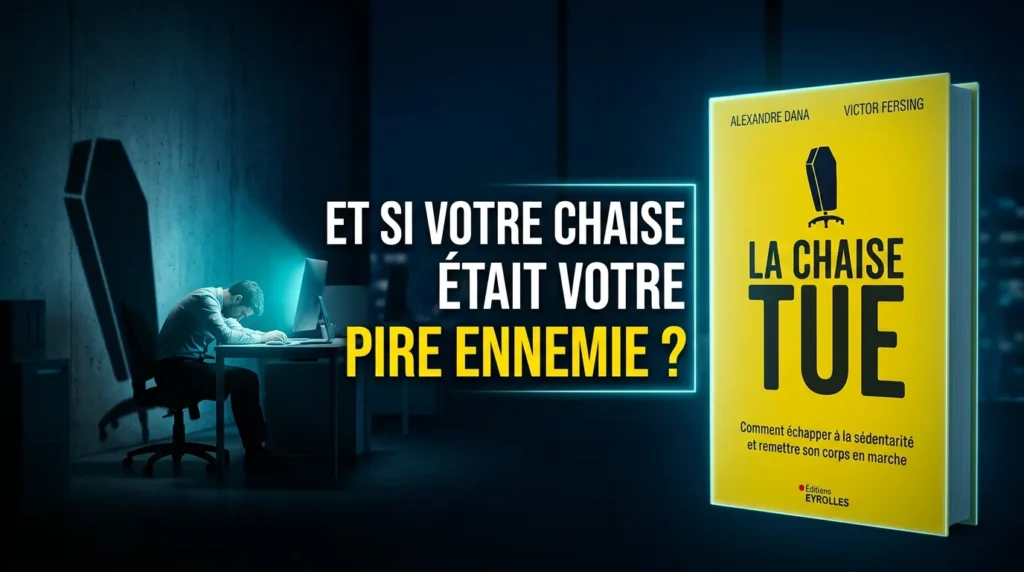 Couverture du livre La chaise tue d'Alexandre Dana et Victor Fersing, avec un employé voûté devant son écran le soir, sa chaise de bureau projetant une ombre inquiétante