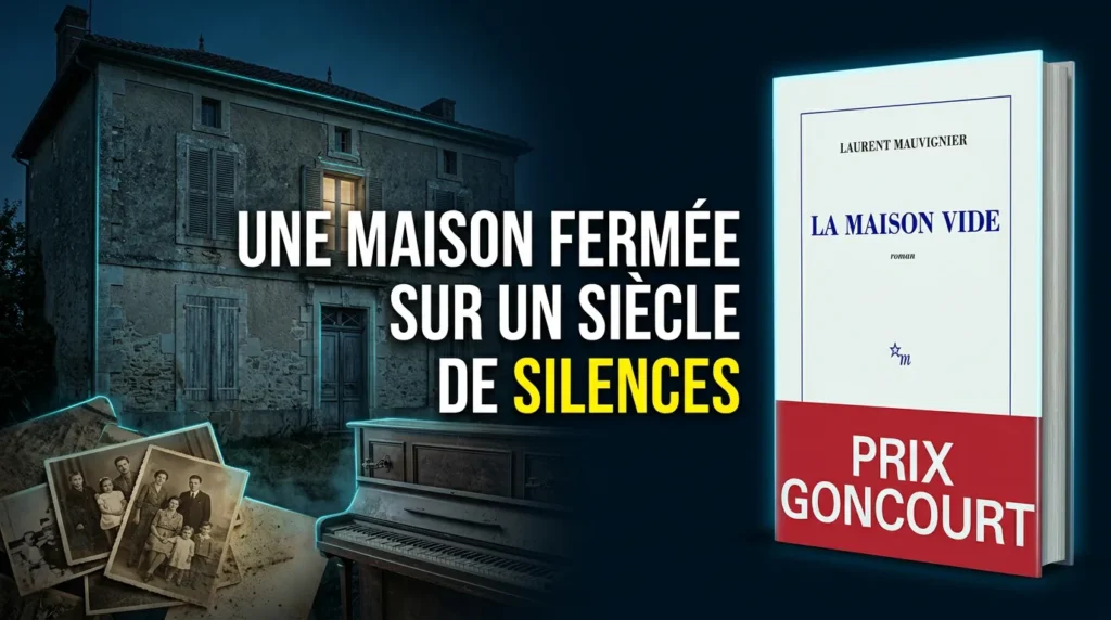 Couverture du livre La maison vide de Laurent Mauvignier, Prix Goncourt 2025, avec une maison de campagne aux volets clos, un vieux piano et des photos de famille jaunies