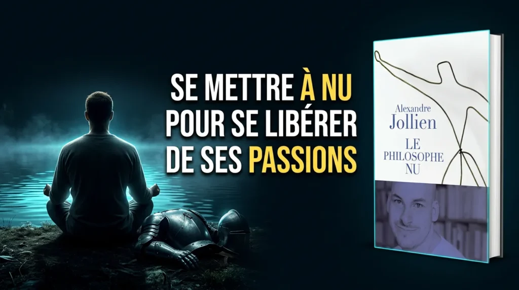 Couverture du livre Le Philosophe nu d'Alexandre Jollien, avec un homme méditant au bord d'un lac, son armure déposée à ses côtés