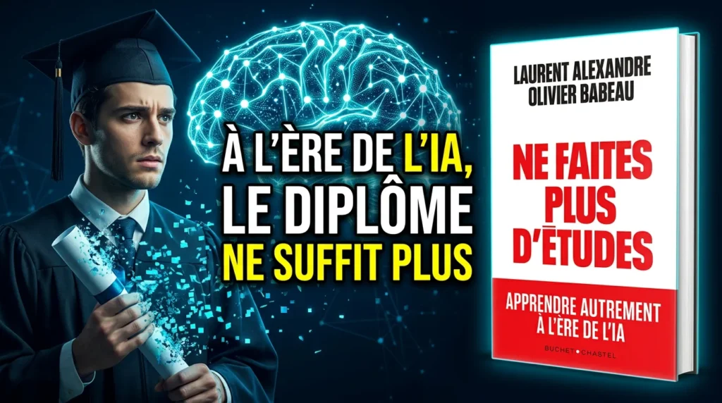 Couverture du livre Ne faites plus d'études de Laurent Alexandre et Olivier Babeau, avec un jeune diplômé dont le diplôme se désagrège face à un réseau d'intelligence artificielle
