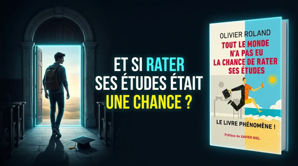 Couverture du livre Tout le monde n'a pas eu la chance de rater ses études d'Olivier Roland, avec un jeune homme quittant un amphithéâtre sombre vers un horizon lumineux, sa toque abandonnée au sol