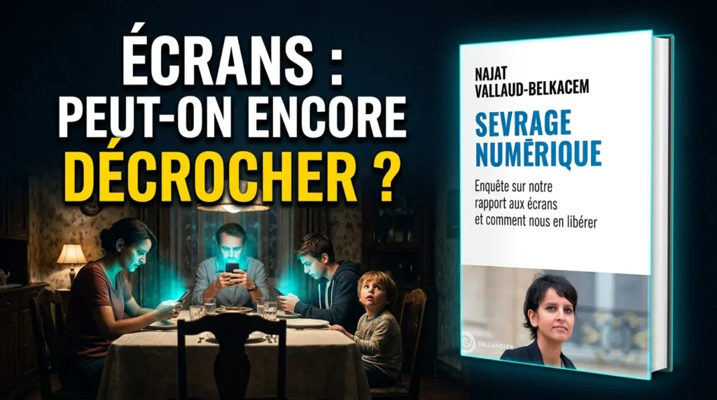 Couverture du livre Sevrage numérique de Najat Vallaud-Belkacem, avec une famille absorbée par ses smartphones à la table du dîner, sauf un enfant qui lève les yeux