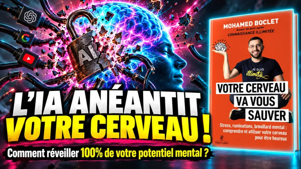 Couverture du livre Votre cerveau va vous sauver de Mohamed Boclet, avec un cerveau lumineux qui brise un cadenas IA et l'accroche L'IA anéantit votre cerveau